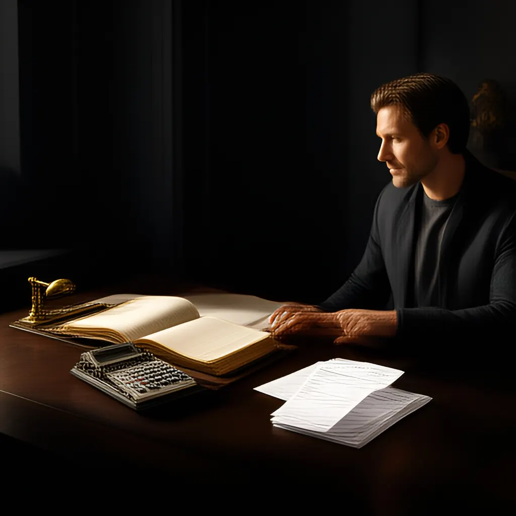 Editorial photograph of a founder at a real worktable comparing a paper ledger, a calculator and a few invoices in a quiet, naturally lit office, photographed in a wide establishing composition. Supports the section "The short answer" in "How to Turn One-Time Clients Into Recurring Revenue".