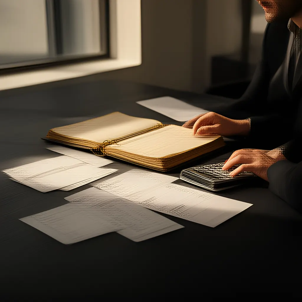 Editorial photograph of a founder at a real worktable comparing a paper ledger, a calculator and a few invoices in a quiet, naturally lit office, photographed in a wide establishing composition. Supports the section "Know your real burn" in "Understanding Burn".