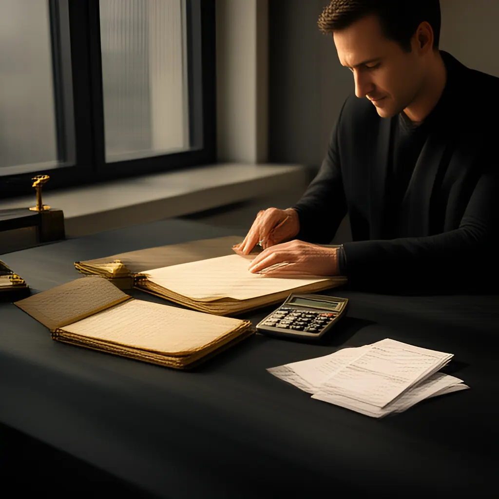 Editorial photograph of a founder at a real worktable comparing a paper ledger, a calculator and a few invoices in a quiet, naturally lit office, photographed in a wide establishing composition. Supports the section "Runway is a cash-timing decision" in "Understanding Runway".