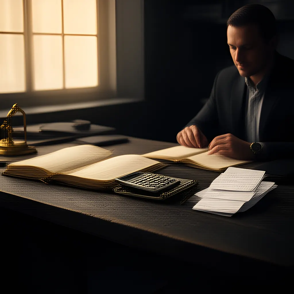 Editorial photograph of a founder at a real worktable comparing a paper ledger, a calculator and a few invoices in a quiet, naturally lit office, photographed in a wide establishing composition. Supports the section "Price the destination, not the journey" in "How do I price for value instead of hours?".
