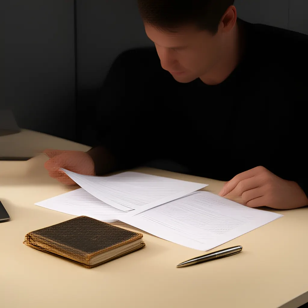 Editorial photograph of a founder studying a real working document and a relevant physical object on a warm ivory desk in a restrained modern workspace, natural candid wide editorial composition. Supports the section "The founder field guide" in "What a Simple Weekly Operating Cadence Looks Like When Everything Feels Like Too Much".