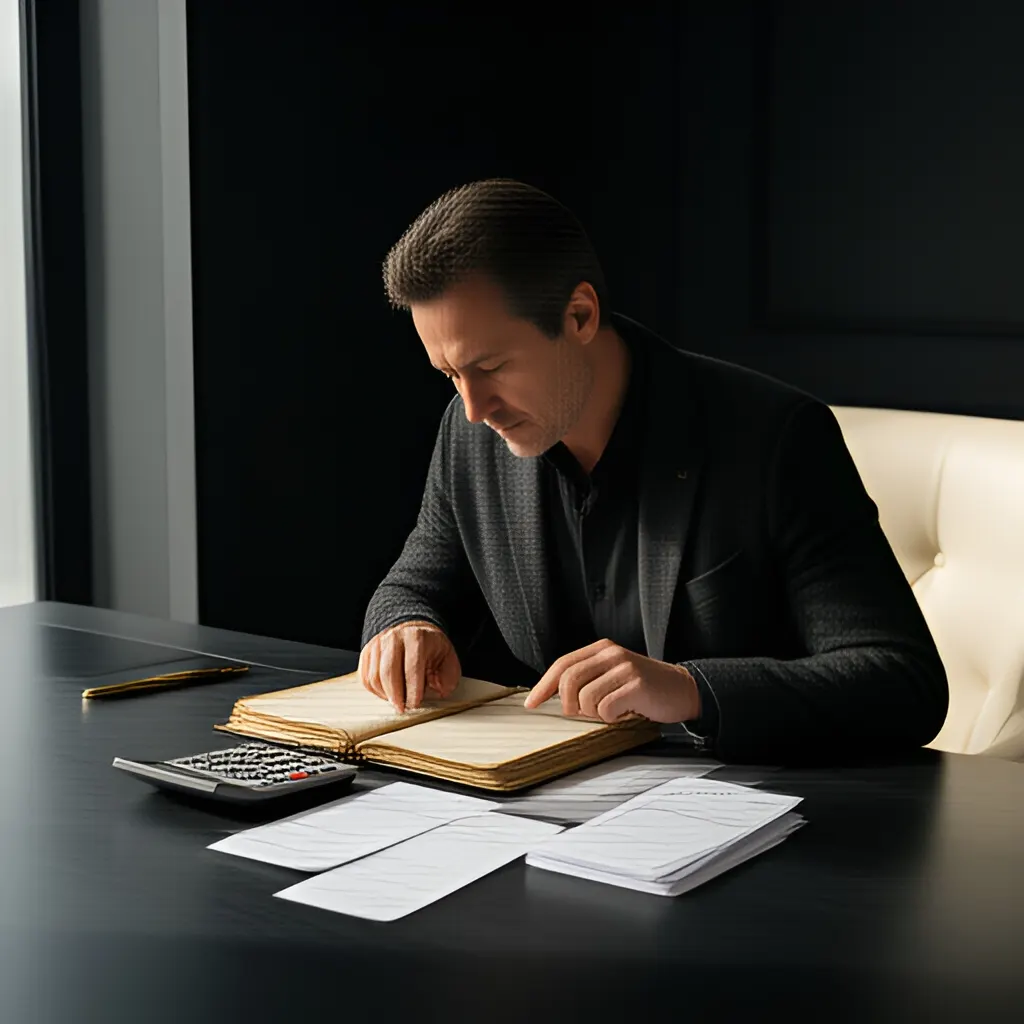 Editorial photograph of a founder at a real worktable comparing a paper ledger, a calculator and a few invoices in a quiet, naturally lit office, photographed in a wide establishing composition. Supports the section "Do not label the product too early" in "What to Do After a Product Launch Fails: A Recovery Plan".