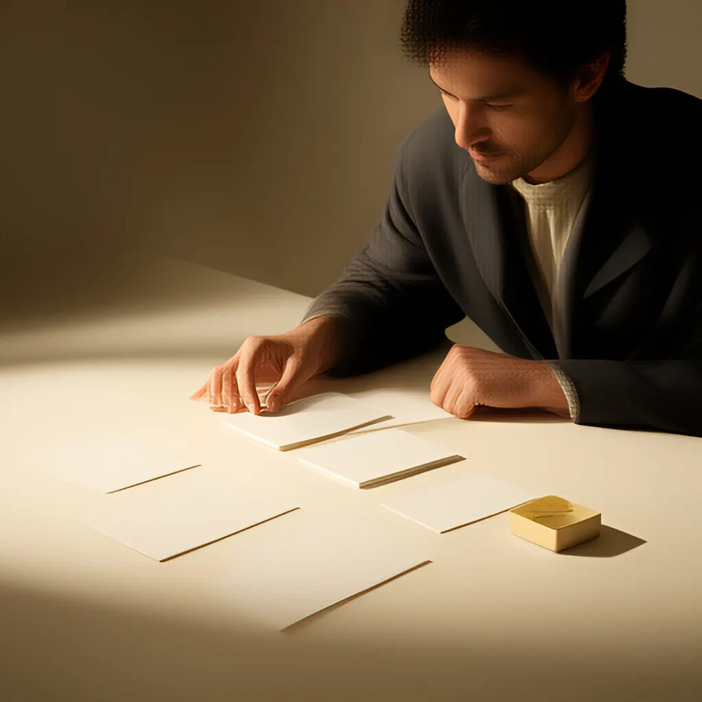 Editorial photograph of a founder arranging several blank paper cards and a simple product sample on a warm ivory studio table while considering brand direction, wide editorial composition, no legible writing. Supports the section "The short answer" in "What to Do When a Client Asks for a Refund: A Fair Decision Framework".