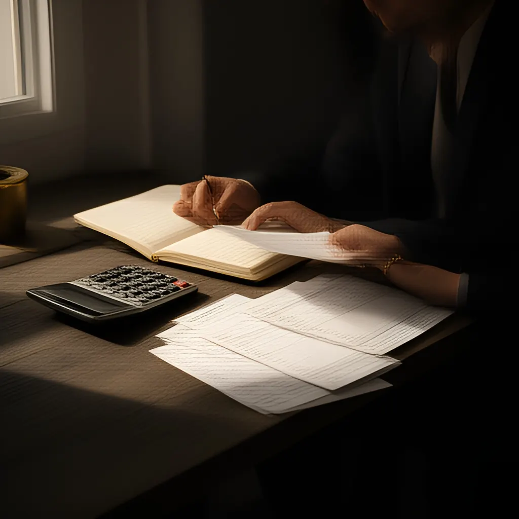 Editorial photograph of a founder at a real worktable comparing a paper ledger, a calculator and a few invoices in a quiet, naturally lit office, photographed in a wide establishing composition. Supports the section "The short answer" in "What Should a Founder Do When a Customer Pays Late?".