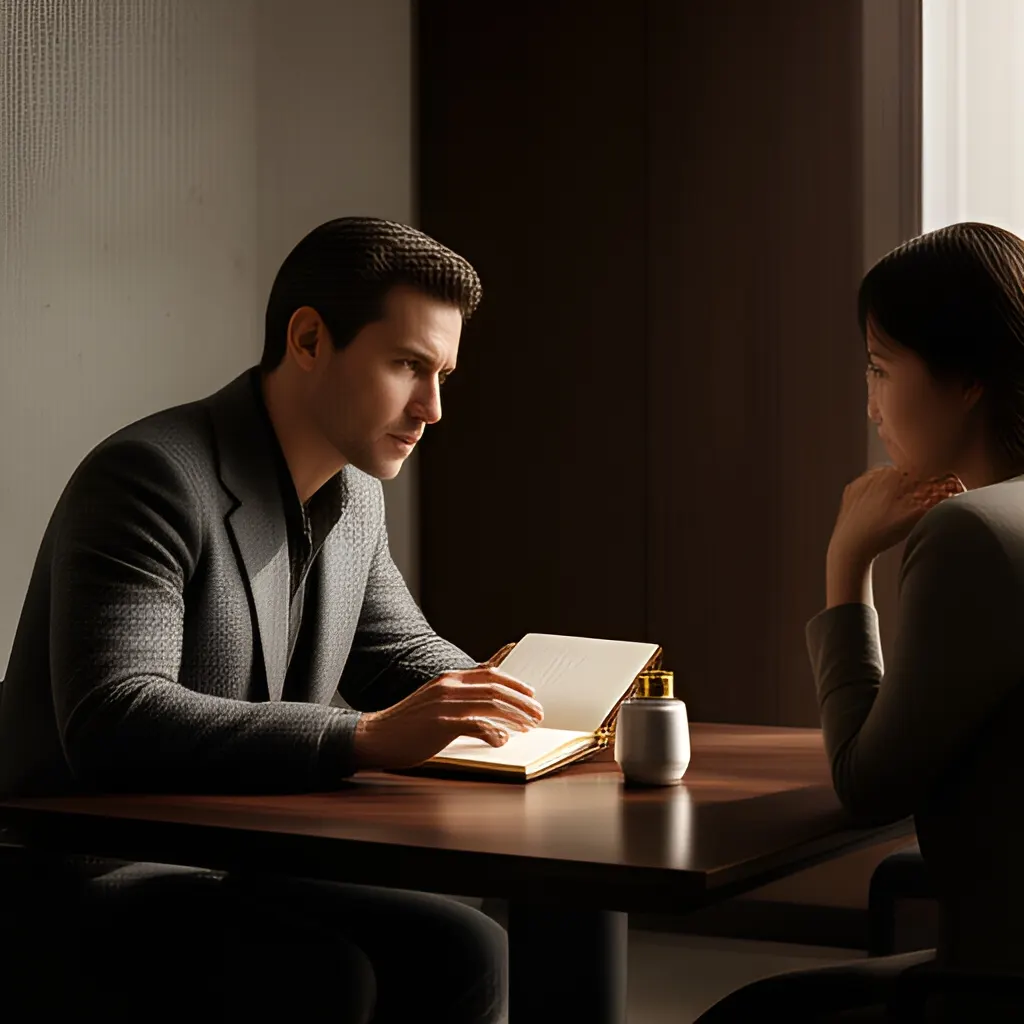 Editorial photograph of a founder listening carefully to a customer across a small meeting table with an open notebook and a real product sample, natural candid wide composition. Supports the section "The answer in one sentence" in "What Should a Founder Do When a Key Employee Leaves?".