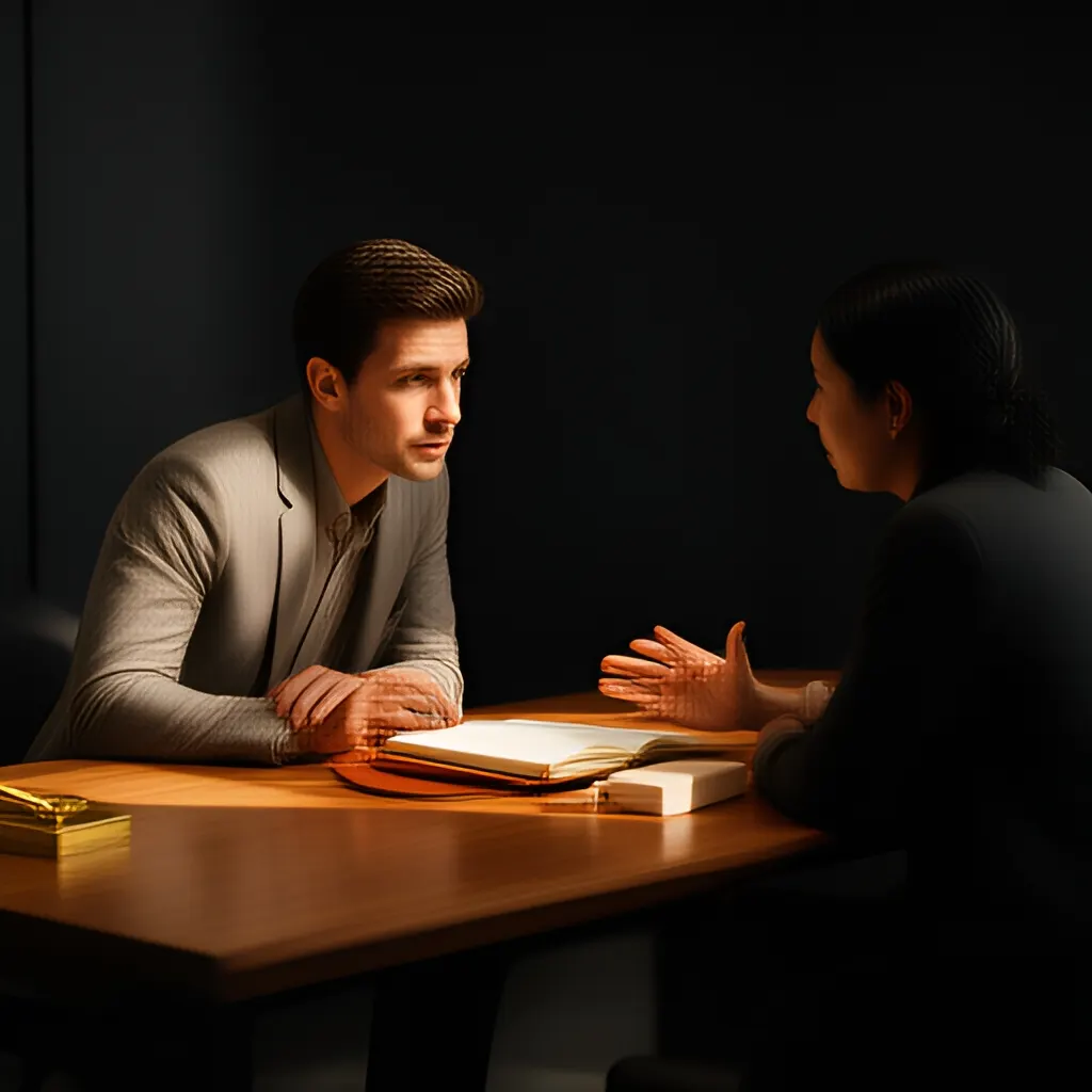 Editorial photograph of a founder listening carefully to a customer across a small meeting table with an open notebook and a real product sample, natural candid wide composition. Supports the section "The request is the beginning of the investigation" in "When a Customer Request Should Not Become a Feature".