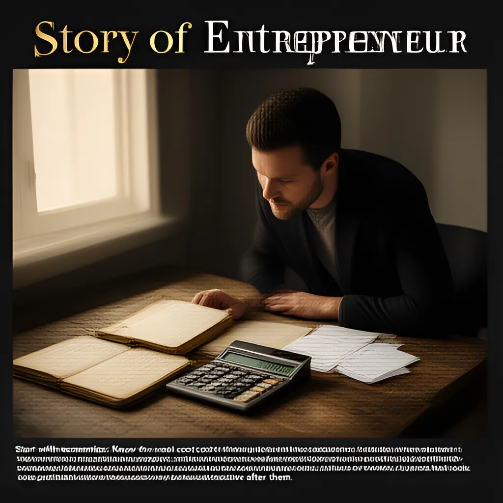 Editorial photograph of a founder at a real worktable comparing a paper ledger, a calculator and a few invoices in a quiet, naturally lit office, photographed in a wide establishing composition. Supports the section "Start with economics" in "When Should a Founder Raise Prices?".