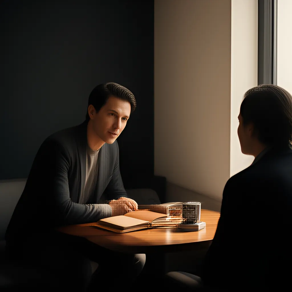Editorial photograph of a founder listening carefully to a customer across a small meeting table with an open notebook and a real product sample, natural candid wide composition. Supports the section "The job that made sense at the start may become the problem" in "When Founder Task Ownership Must Change".