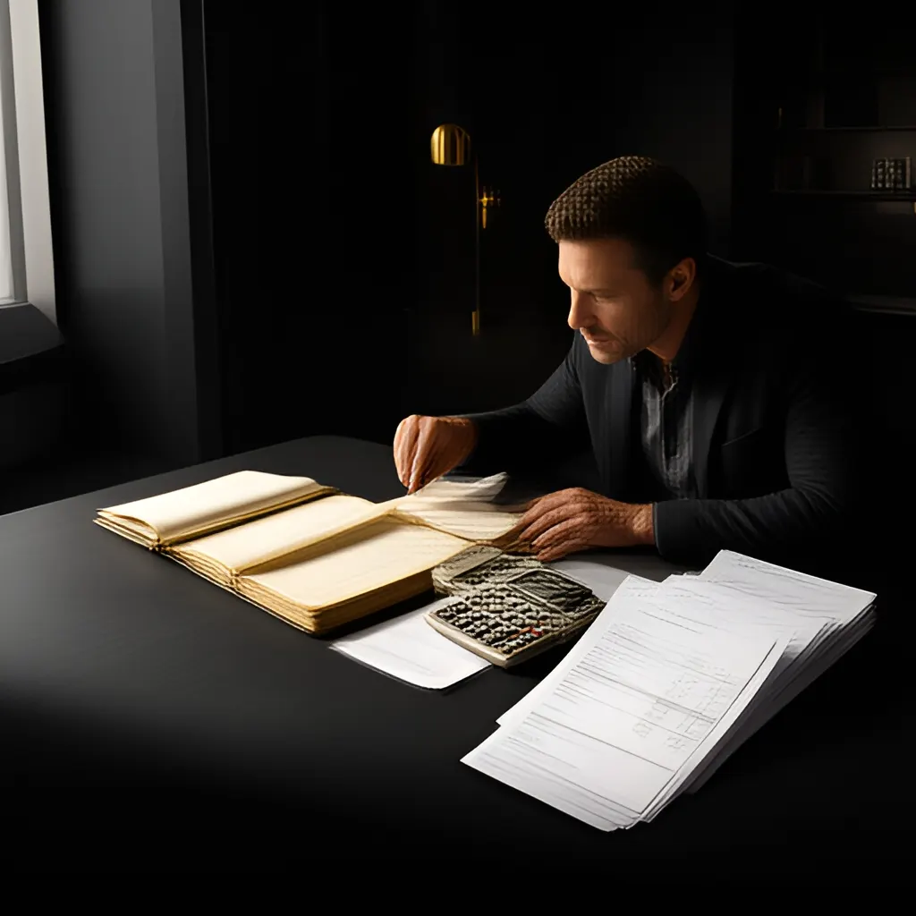 Editorial photograph of a founder at a real worktable comparing a paper ledger, a calculator and a few invoices in a quiet, naturally lit office, photographed in a wide establishing composition. Supports the section "Separate a difficult period from an unviable model" in "When Should a Founder Shut Down a Business? A Responsible Decision Guide".
