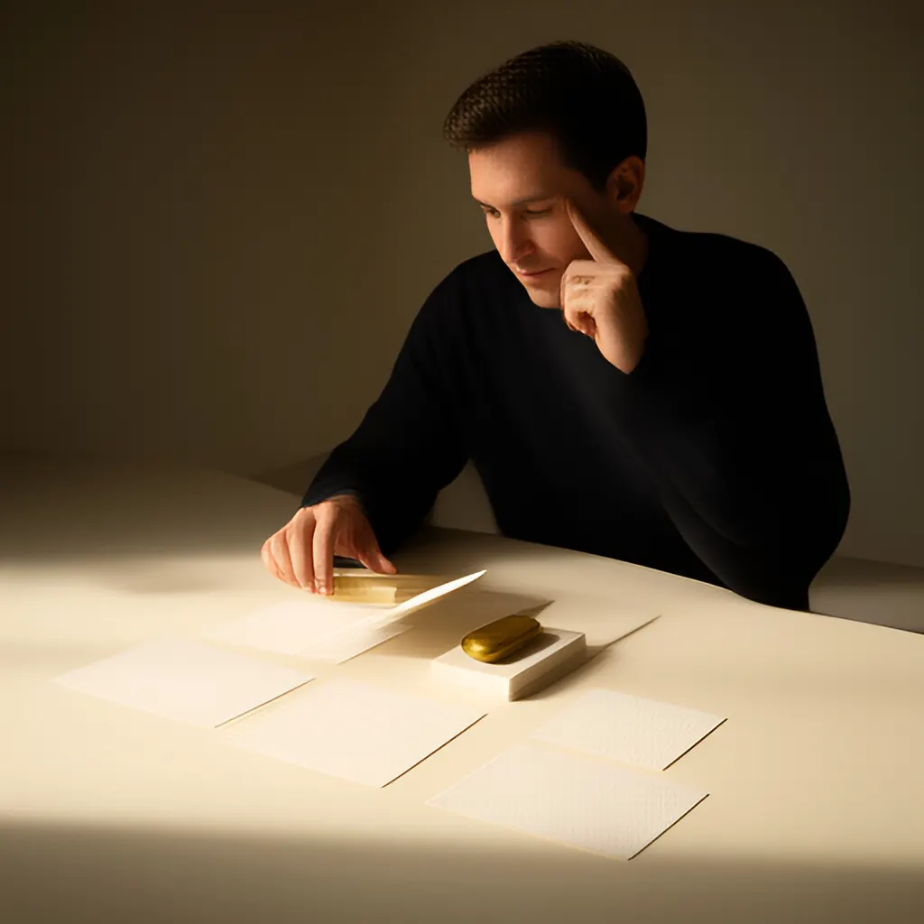 Editorial photograph of a founder arranging several blank paper cards and a simple product sample on a warm ivory studio table while considering brand direction, wide editorial composition, no legible writing. Supports the section "Intuition is not the same as a gut feeling" in "When Should a Founder Trust Intuition Instead of More Data?".
