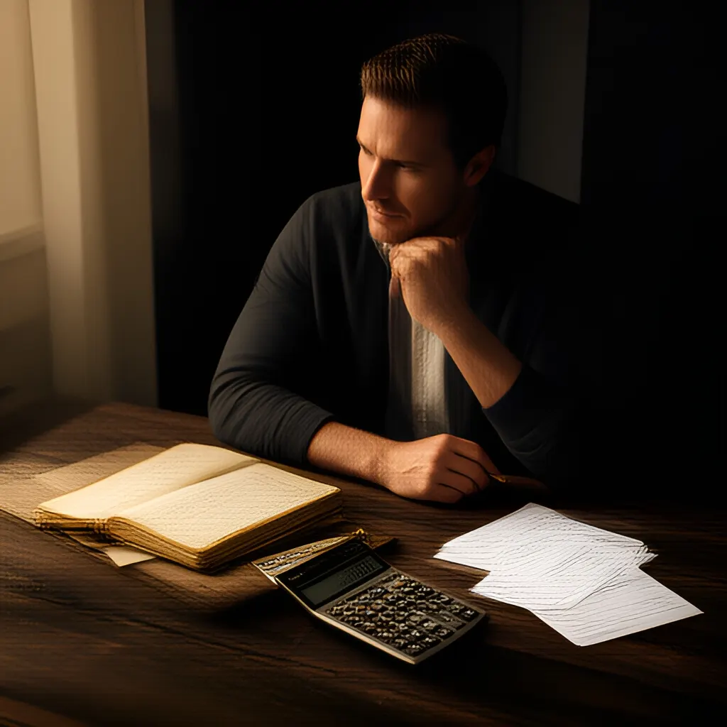Editorial photograph of a founder at a real worktable comparing a paper ledger, a calculator and a few invoices in a quiet, naturally lit office, photographed in a wide establishing composition. Supports the section "What a pivot actually changes" in "When Should You Pivot or Persevere? A Practical Evidence Test".