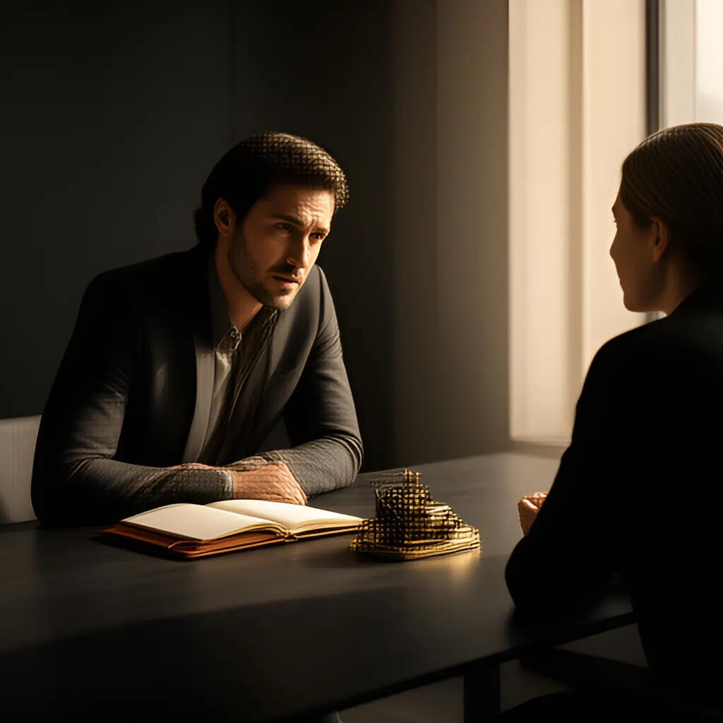 Editorial photograph of a founder listening carefully to a customer across a small meeting table with an open notebook and a real product sample, natural candid wide composition. Supports the section "Diagnose the work before diagnosing the people" in "When Team Motivation Drops, Fix the Work System Before the Pep Talk".