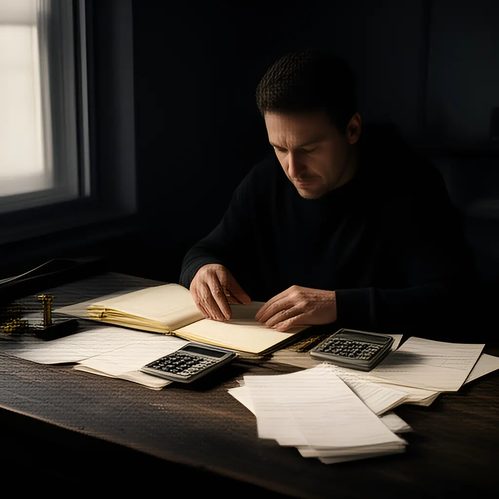 Editorial photograph of a founder at a real worktable comparing a paper ledger, a calculator and a few invoices in a quiet, naturally lit office, photographed in a wide establishing composition. Supports the section "Start with the customer situation" in "When Should a Founder Stop Adding Features and Fix the Core Problem?".