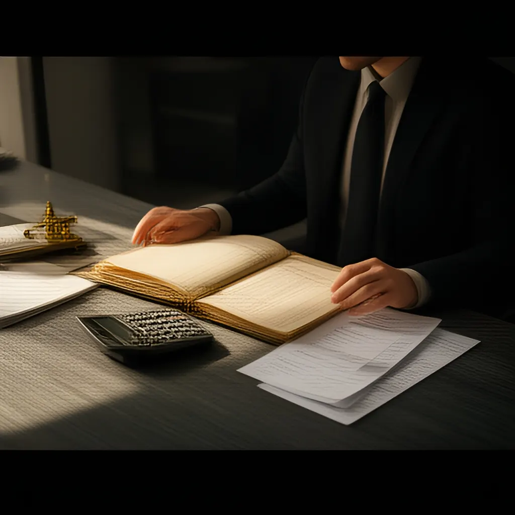 Editorial photograph of a founder at a real worktable comparing a paper ledger, a calculator and a few invoices in a quiet, naturally lit office, photographed in a wide establishing composition. Supports the section "Why custom work becomes expensive" in "When Should You Stop Saying Yes to Custom Work?".