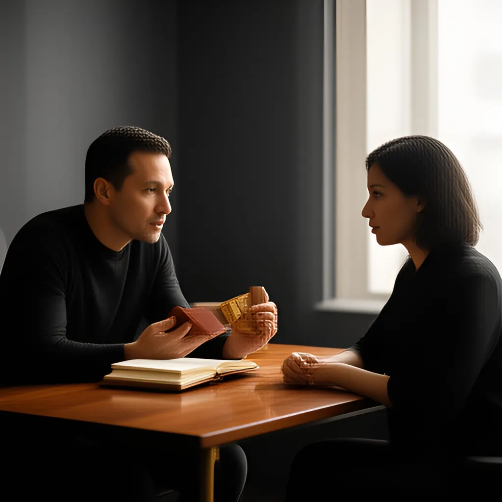 Editorial photograph of a founder listening carefully to a customer across a small meeting table with an open notebook and a real product sample, natural candid wide composition. Supports the section "The short answer" in "Which Customer Requests Should You Actually Build?".