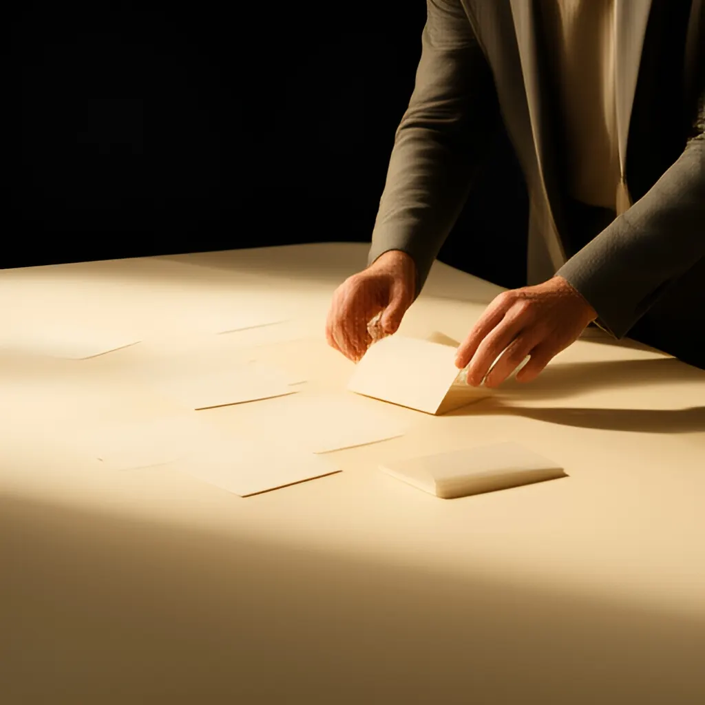 Editorial photograph of a founder arranging several blank paper cards and a simple product sample on a warm ivory studio table while considering brand direction, wide editorial composition, no legible writing. Supports the section "Positioning through behaviour" in "Whitney Wolfe Herd and Bumble: Positioning a Product Around a Specific Social Problem".