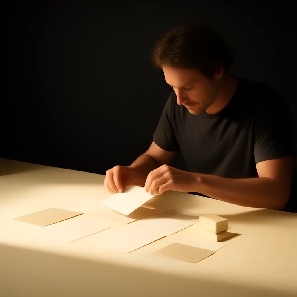 Editorial photograph of a founder arranging several blank paper cards and a simple product sample on a warm ivory studio table while considering brand direction, wide editorial composition, no legible writing. Supports the section "The short answer" in "Why Prospects Are Not Replying: Find the Real Reason".