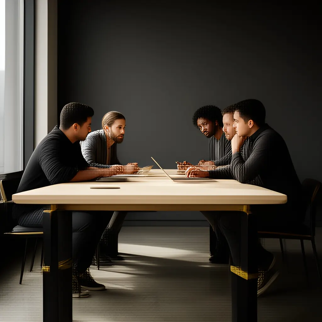 Editorial photograph of a small startup team in a candid working discussion around a shared table, natural expressions, restrained modern office, wide composition. Supports the section "The useful answer" in "How Workload, Autonomy, and Clarity Affect Team Motivation".