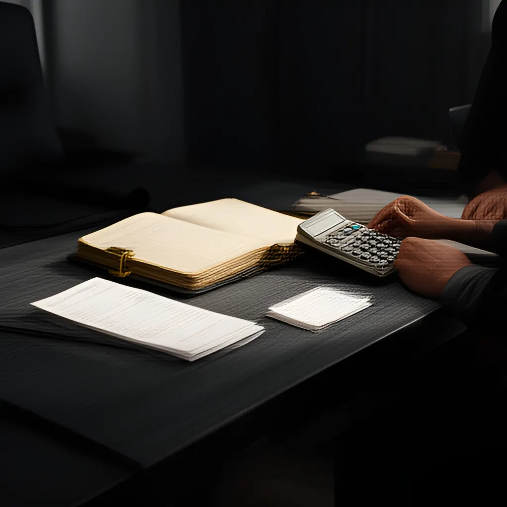 Editorial photograph of a founder at a real worktable comparing a paper ledger, a calculator and a few invoices in a quiet, naturally lit office, photographed in a wide establishing composition. Supports the section "A business success created a problem" in "Yvon Chouinard: When a Founder Changes the Product Because It Causes Harm".